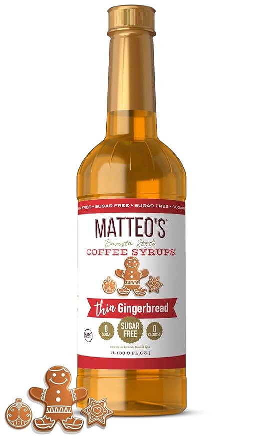 Matteo's Gingerbread Syrup for Coffee, Lattes, Cappuccinos & Desserts – Sugar-Free Sweetener for Beverages, Keto Friendly, Zero Calories, Indulgent Flavor, Non-Alcoholic, Ideal for Coffee 33.8oz (1pk)