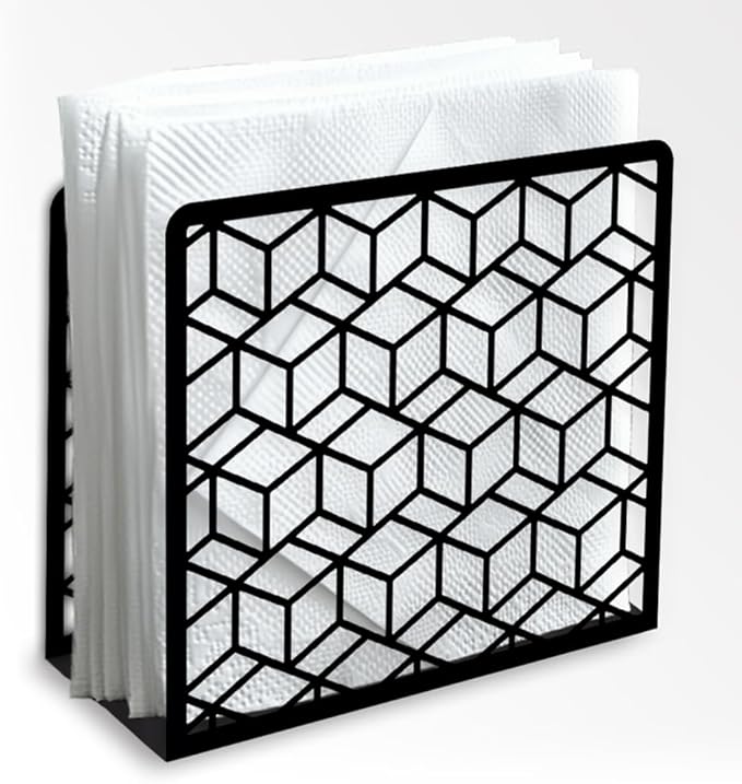 Geometric 3D Cube Decorative Black Metal Napkin Holder for Table, 5.3" x 4.9" x 1.9" 3D Cube Geometric Standing Napkin Holder for Home Kitchen Restaurant Picnic Party Coffee Bar Dining Room