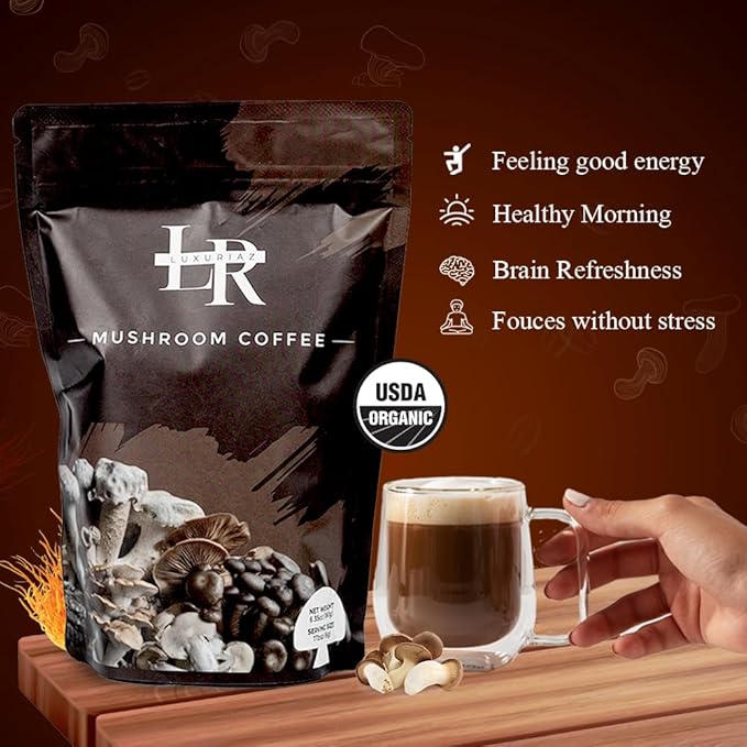 Luxuriaz Organic Mushroom Coffee Instant Powder, Lion's Mane for Focus & Brain Health, 6 Adaptogens (Cordyceps, Reishi, Turkey Tail), Coffee Alternative, Keto, Vegan, 30 Servings