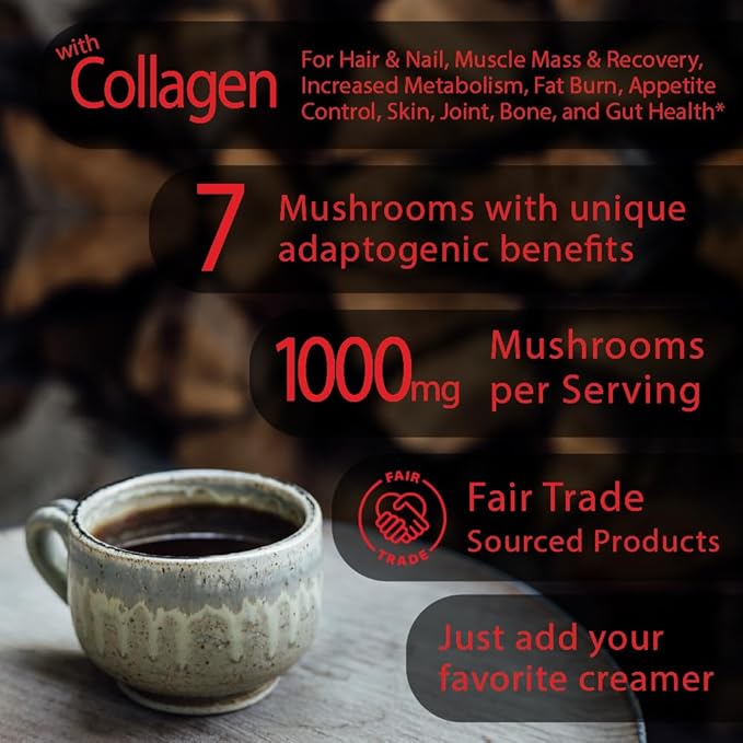 Energy Boost Organic mushroom Instant Coffee - 10 x 9g Packets - Healthy Coffee alternative and Substitute - With Dynamine, Collagen, Lions Mane and Antioxidant