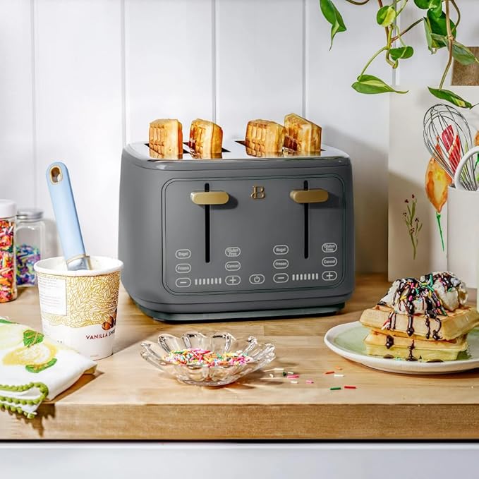 Beautiful 4-Slice Toaster by Drew Barrymore – Touch Display, Extra-Wide Slots, Bagel & Frozen Functions, Stainless Steel (Oyster Gray)