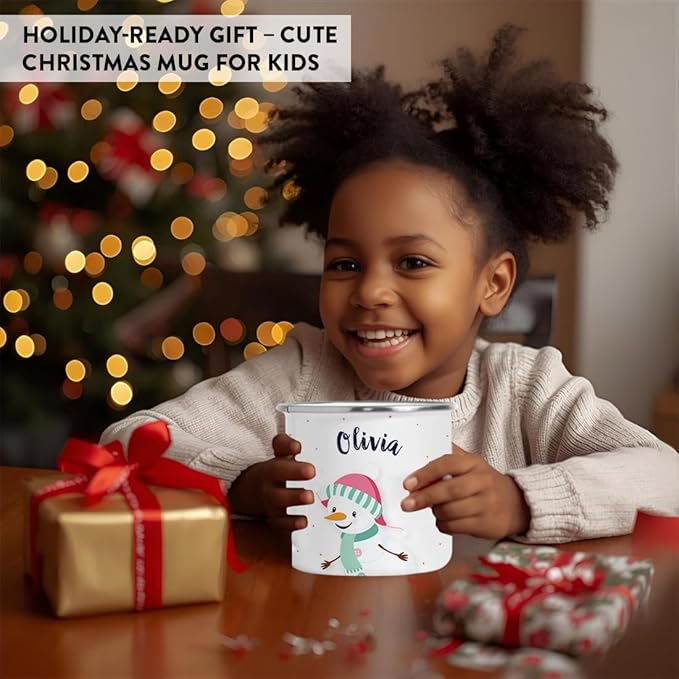 Andaz Press Personalized Name 11oz. Kids Christmas Hot Chocolate Stainless Steel Campfire Coffee Mug, Charming Snowman Aqua Scarf, 1-Pack, Custom Birthday Xmas Cup Kids Mugs For Hot Chocolate
