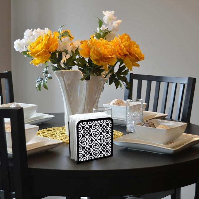Retro Pattern Decorative Black Metal Napkin Holder for Table, 4.9" x 4.9" x 1.9" Standing Napkin Holder for Home Kitchen Restaurant Picnic Party Coffee Bar Dining Room