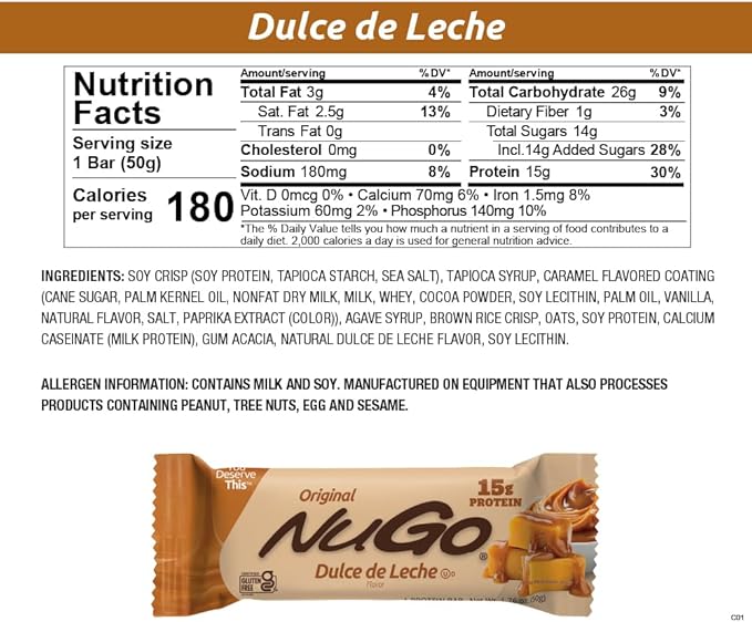 NuGo Protein Bar, NEW! Dulce De Leche 15 bars & Vanilla 15 bars, 11-15g Protein, Gluten Free, 30 Count