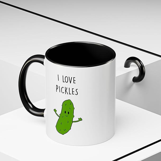 Cute Pickle Lovers Coffee Mug - I Love Pickles, Black Accent Mug, Funny Gift for Veggies Fans, Kitchen Decor, Unique Ceramic