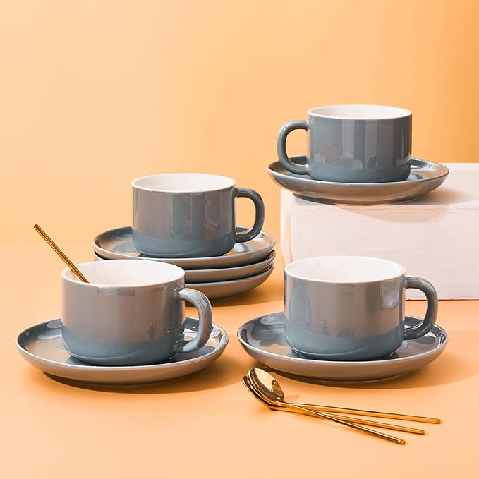 7oz Coffee Cups with Saucers and Gold Spoons - Set of 4 Cappuccino Cup, Grey Porcelain Cups Serving for Tea, Latte, Mocha