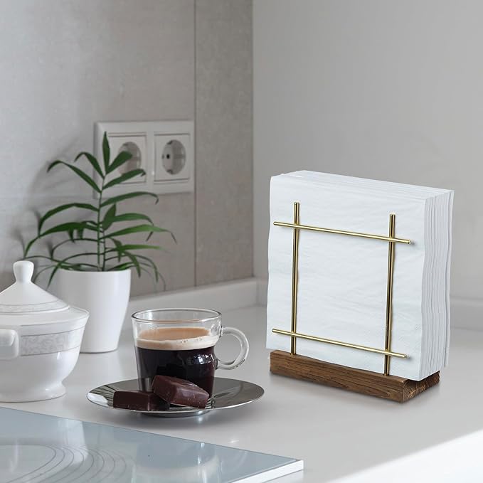 MyGift Napkin Holders for Table & Kitchen, Brass-Tone Wire Metal Napkin Dispenser with Wood Base, Modern Farmhouse Tabletop Dining Decor for Home/Cafe/Restaurant