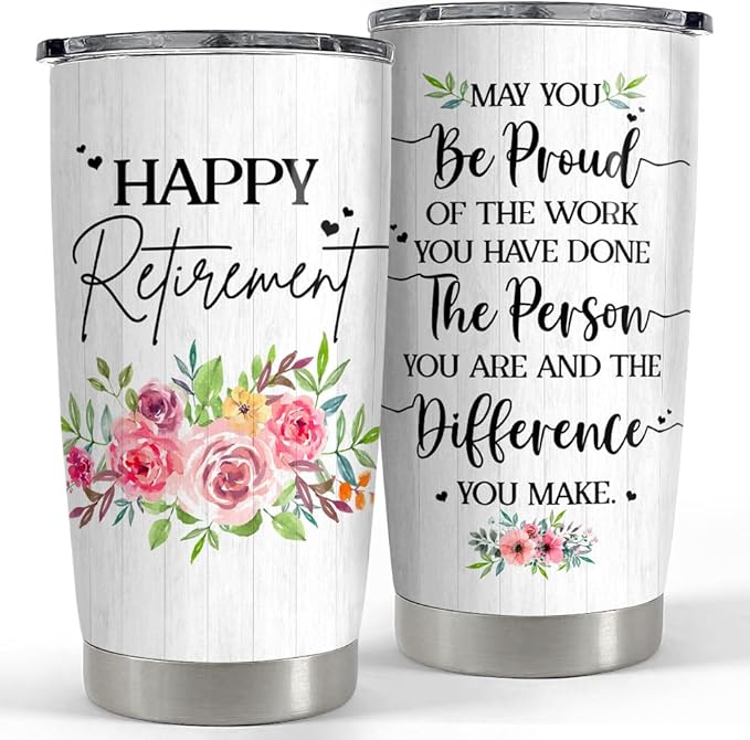 SANDJEST Happy Retirement Tumbler Stainless Steel Insulated Tumbler 20oz Retirement Gift for Women Retired Gifts Farewell Drinking Cups For Female Coworker Boss Colleague Friends