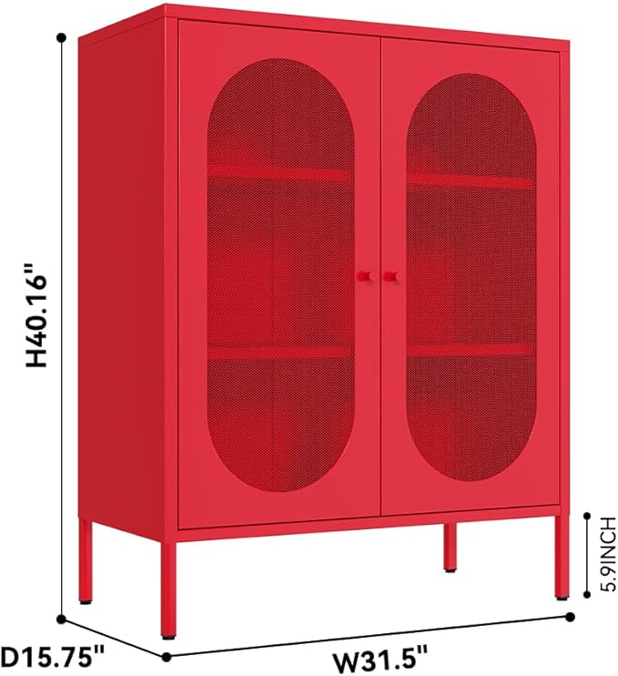 Metal Storage Cabinets with Doors and Shelf, Modern Accent Cabinet with High Feet, Display Cabinets with 2 Mesh Doors, Red Dresser for Home, Office, Living Room,Dining Room,Hallway and Entryway