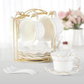DUJUST Tea Cups and Saucers with Golden Trim,Set of 4 (7 OZ), Luxury Relief Printing Coffee Cups with Metal Stand, British Royal Porcelain Tea Party Set - White