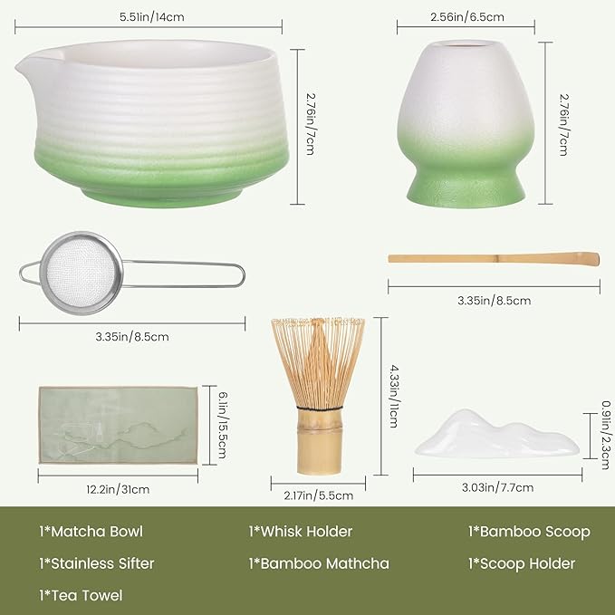 7 Pcs Matcha Whisk Set, Complete Japanese Tea Ceremony Kit with Ceramic Bowl (Chawan) & Bamboo Whisk, Traditional Starter Matcha Set, Ideal Gift for Beginners & Matcha Lovers