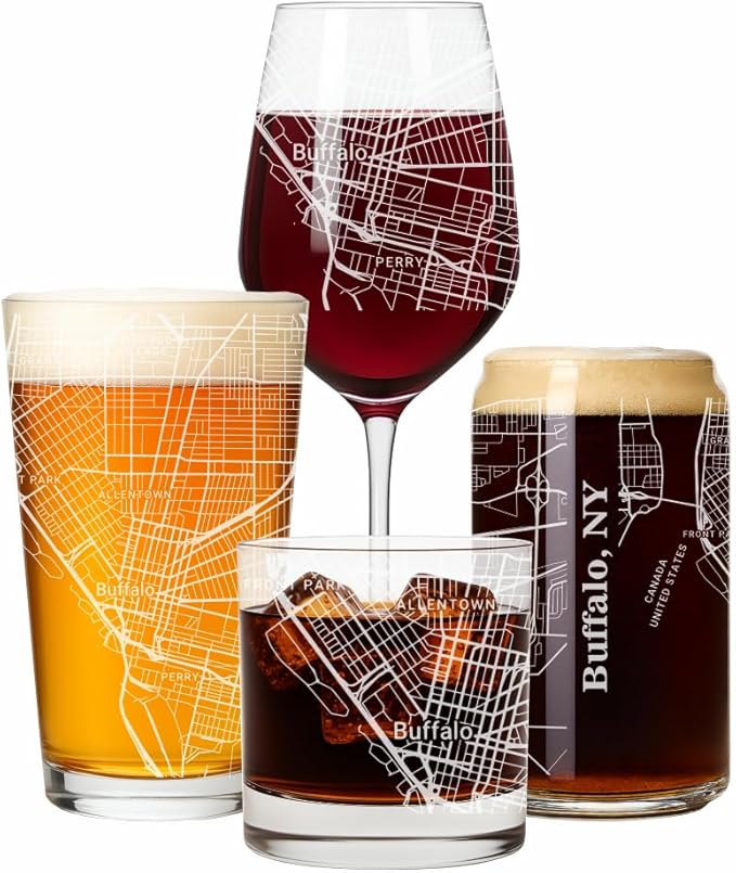 Blue Ridge Mountain Gifts - Buffalo Souvenir - New York Glassware Gift, Etched City Map, Laser Engraved and Dishwasher Safe