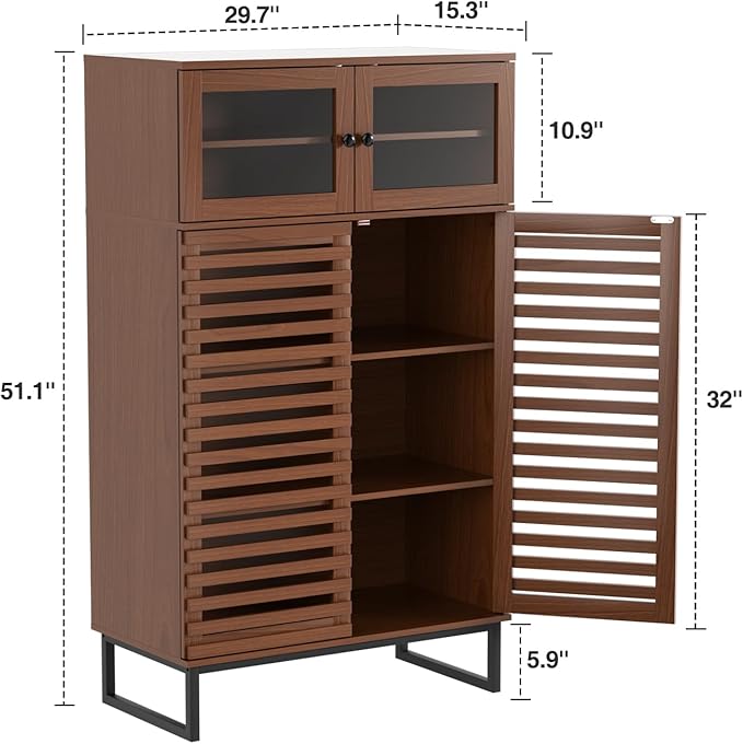 Vabches Buffet Cabinet with Storage, 51" Tall Mid Century Modern Sideboard Coffee Bar Cabinet with Grille Doors & Adjustable Shelves for Kitchen, Dining Room, Living Room, Walnut