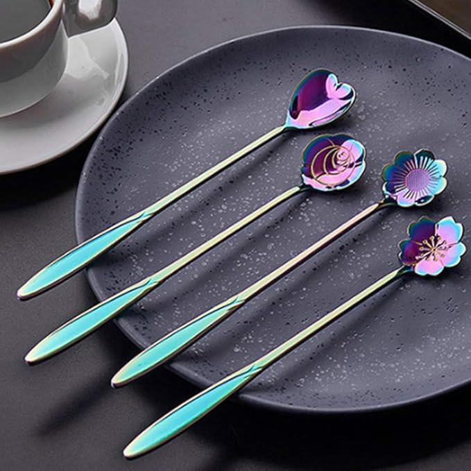 Rainbow Stainless Steel Reusable Tea Scoops and Stirring Spoons - Set of 4, Coffee, Mixing, Sugar, Dessert, Cake, Ice Cream Spoons for Tea Party, Dishwasher Safe