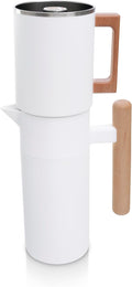 HASTINGS 40 Oz Pour Over Coffee Maker Set with Double Layer Reusable Stainless Steel Filter 8-Cup and Wood Handle - Dual Wall Heat Resistant Drip Coffee Brewer, Pour Over Coffee Dripper Carafe, White