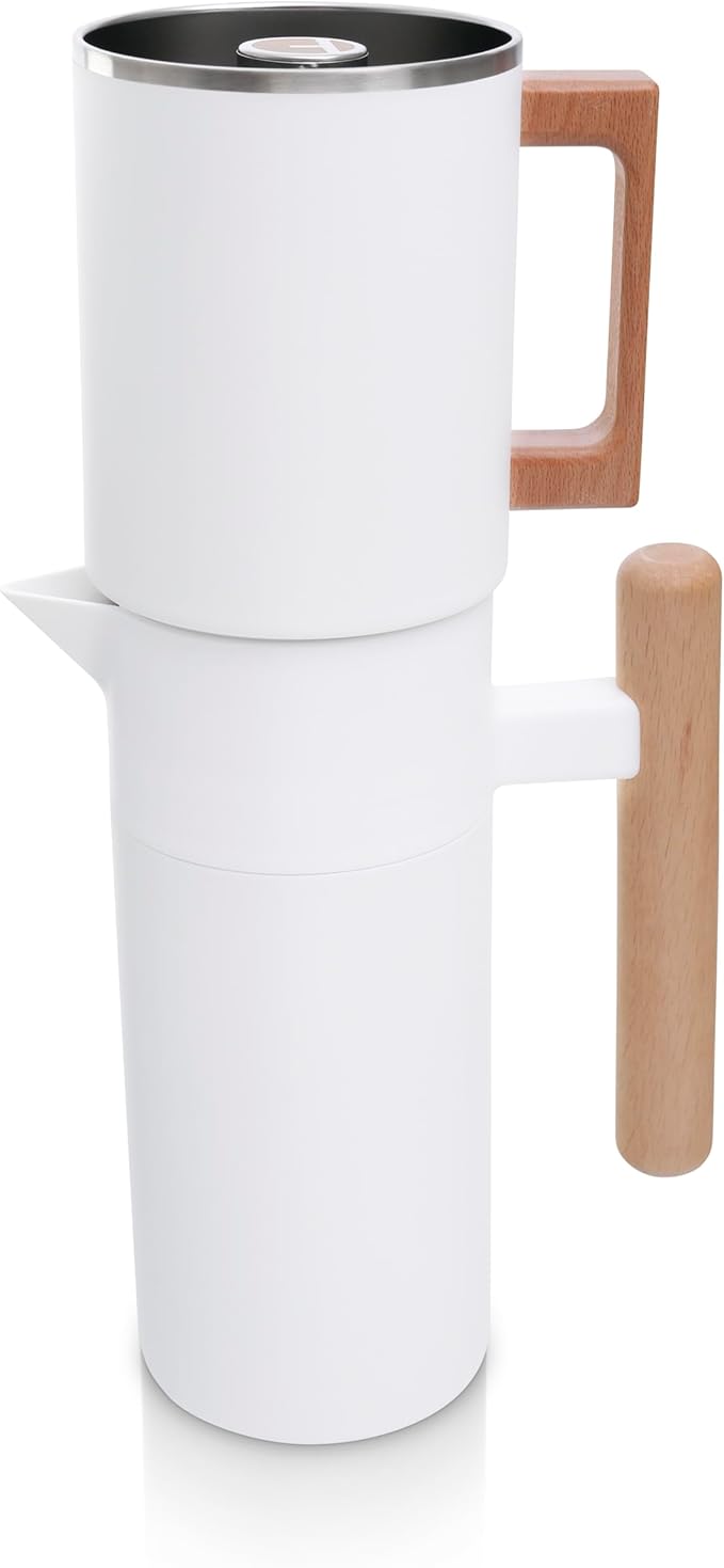 HASTINGS 40 Oz Pour Over Coffee Maker Set with Double Layer Reusable Stainless Steel Filter 8-Cup and Wood Handle - Dual Wall Heat Resistant Drip Coffee Brewer, Pour Over Coffee Dripper Carafe, White