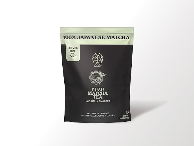 The Harmony Matcha Yuzu (7.05oz Bag - 20 Servings) Premium Japanese Matcha Powder, Rich in Antioxidants & L-Theanine, Sweetened with Organic Sugar, No Preservatives