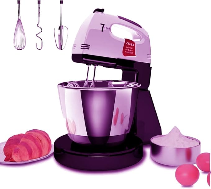 Stand Mixers, 7 Speeds With 3QT Stainless Steel Bowl, Stand and Hand Mixer with Dough Hook, Whisk, Mixing Beater for Baking, Cake, Cookie, Kneading (AL1)