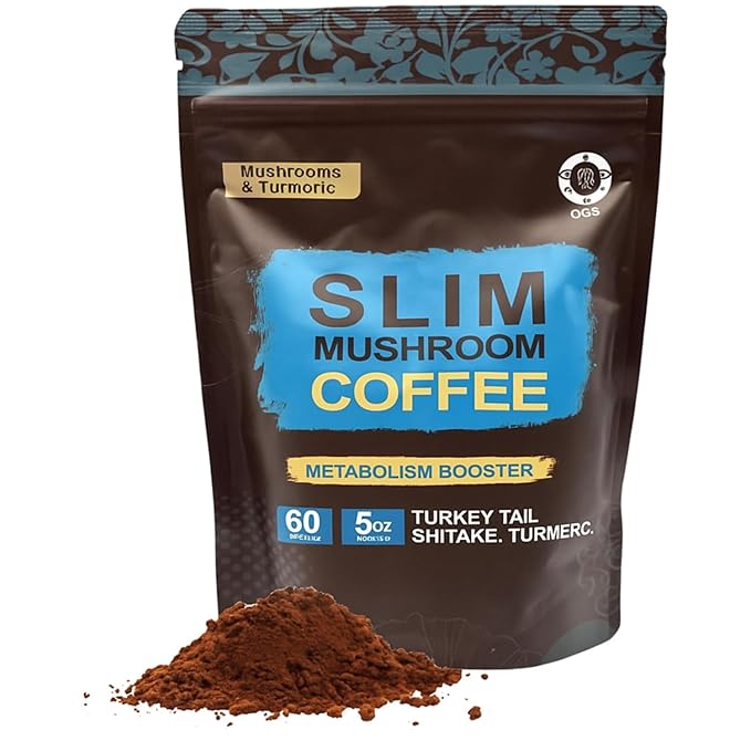 Slim Coffee with Turmeric & Mushroom Blend - Instant Mushroom Coffee with Turkey Tail & Shitake, Light Roast, Smooth Texture, Boosts Metabolism & Energy