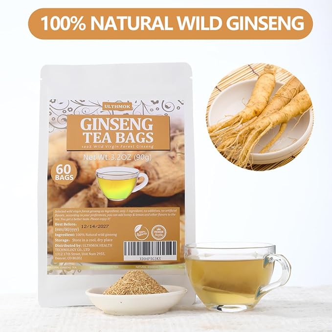 Premium 60 Ginseng Tea Bags, Made with Pure 100% Natural Wild Ginseng Root, Energizing & Immune Support, No Artificial Flavors & Caffeine Free.