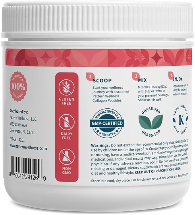 Pattern Wellness Collagen Peptides Powder (Type I & III) - Hair, Nails, Skin & Joint Support - Grass Fed & Pasture-Raised - Hydrolyzed, Non-GMO, Dairy Free, & Keto-Friendly - Strawberry (13 Oz)