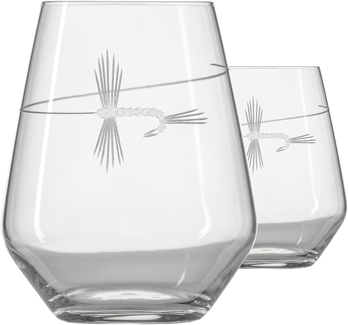 Rolf Glass | Fly Fishing Stemless Wine Tumbler 18 ounce | Stemless Wine Glasses | Set of 2 | Lead-Free Glass | Engraved Tumbler Glasses | Made in the US