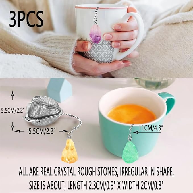 3PCS Loose tea infuser，Stainless Steel Tea Strainers for Loose Tea，tea leaves infuser，Fine mesh tea ball + crystal pendant，Suitable for brewing all loose leaf teas (3, Amethyst + Fluorite + Citrine)