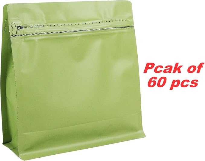 60 Pack High Barrier Stand-Up Coffee Bean Bags with Vented Valve Matte Metallic Heat-Sealable & Resealable Solid Color Pouches (Square,6.1 * 6.5 inch,1/2 lb,Avocado Green)