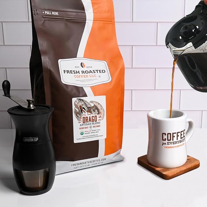 Fresh Roasted Coffee, Organic Drago Café Blend | USDA Organic, Kosher | Medium Roast 5 lb (80 oz) Ground