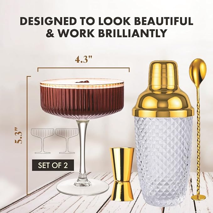 VEMACITY - Luxury Gold Cocktail Shaker Set - 15oz Glass Shaker with Strainer + 2 Gold-Rim Ribbed Martini Glasses (10oz) & Bar Tools | Espresso Martini Glasses | Ideal for Christmas & New Years