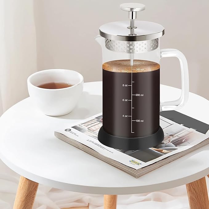 Mini French Press Coffee Maker-304 Stainless Steel Grilles, Borosilicate Glass Small Coffee Press,Non-slip Silicone Base-12 oz /350 ml with 2 Filter Screen-2 Cup Teapot