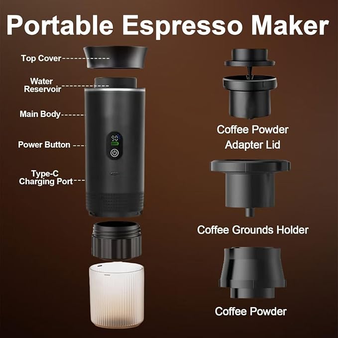 Portable Coffee Maker, 3-in-1 Espresso Machine for Travel 20 bar Mini Coffee Maker Compatible with Ground Coffee & Capsule for Car, RV, Hiking, Camping, Office, Travel Espresso Maker
