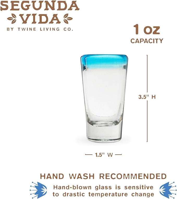 Segunda Vida Twine Primavera Colorful Shot Glasses with Blue Rims, Handmade Mexican Glass Hand Blown, 100% Recycled Glassware, 1 oz Set of 4