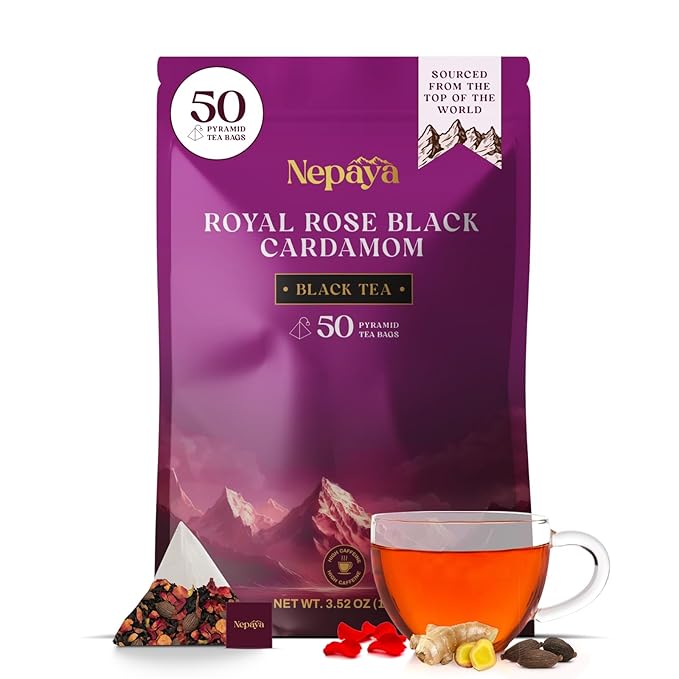 Royal Rose Cardamom Black Tea Bags, Assam Rose tea with Black Cardamom & Rose Petals, Luxury Chai Blend, 50 individually Wrapped Biodegradable Pyramid Bags, Premium Rose Tea