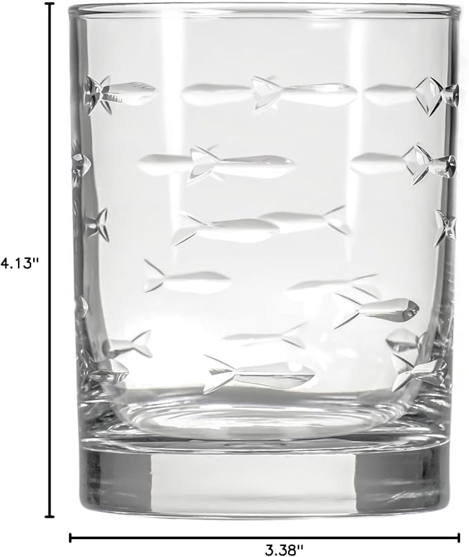 Rolf Glass School of Fish 13 oz Double Old Fashioned Whiskey Cocktail Glass | Set of 2 | Engraved Lead-free Tumbler Glasses | Made in the US