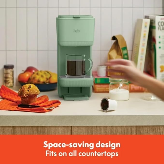 Single-Serve Bella Coffee Maker – Compact 6oz–14oz Brewer for Ground Coffee or Pods, One-Touch Operation, Adjustable Drip Tray, 35oz Water Tank, Travel Mug Friendly, Dishwasher-Safe Parts (Seaglass)