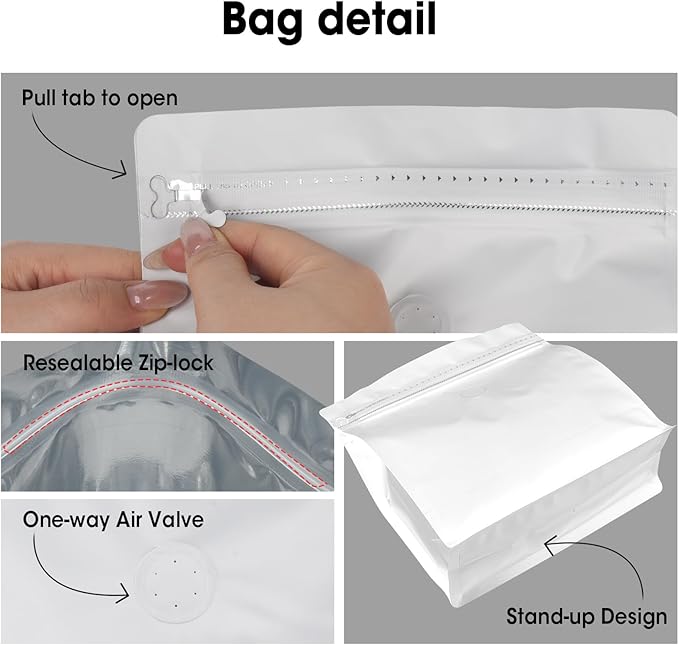 50 Count 16oz Coffee Bags with Valve,1lb Vented Coffee Beans Packaging Bags High Barrier Aluminumed Foil Flat Bottom Heat Sealed Side Zipper Resealable Storage Bag for Home or Business（White）