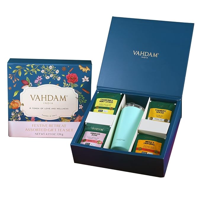 VAHDAM Assorted Tea Gift Set with Cruise Tumbler (4 Variety, 60 tea Bags) | Ecofriendly Tea Bags | Christmas Tea Gifts for Women & Men
