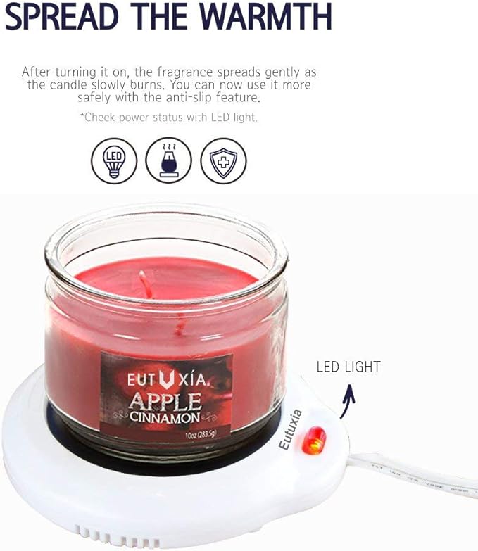Eutuxia Candle Warmer for Home & Office. Great for Warming Up Cups, Coffee Mugs, Wax, and Beverages on Desks, Tables & Countertops. Electric Heated Plate Warms Quickly. Enjoy Hot Drinks on Cold Days.