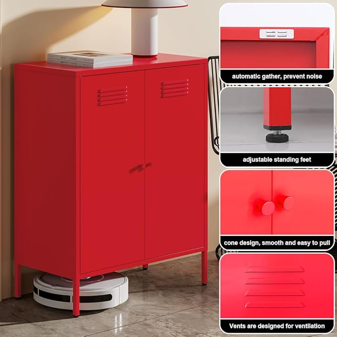 Red 2 Tier Metal Storage Cabinet with Legs, Small Accent Cabinet with Adjustable Shelf, Storage Side Table, 2 Door Storage Cabinet for Home, Office, Entryway, Kitchen,Bathroom,Dining Room