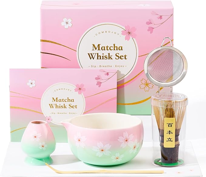 Matcha Whisk Set – Japanese Tea Ceremony Kit with Ceramic Bowl, Purple Bamboo Whisk (Chasen), Holder, Sifter & Scoop – Complete Matcha Kit, Women Gifts for Tea Lovers