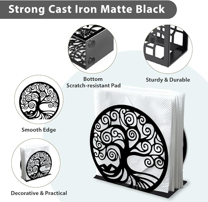 Tree of Life Decorative Black Metal Napkin Holder for Table, 5.3" x 4.9" x 1.9" Tree Standing Napkin Holder for Home Kitchen Restaurant Picnic Party Coffee Bar Dining Room