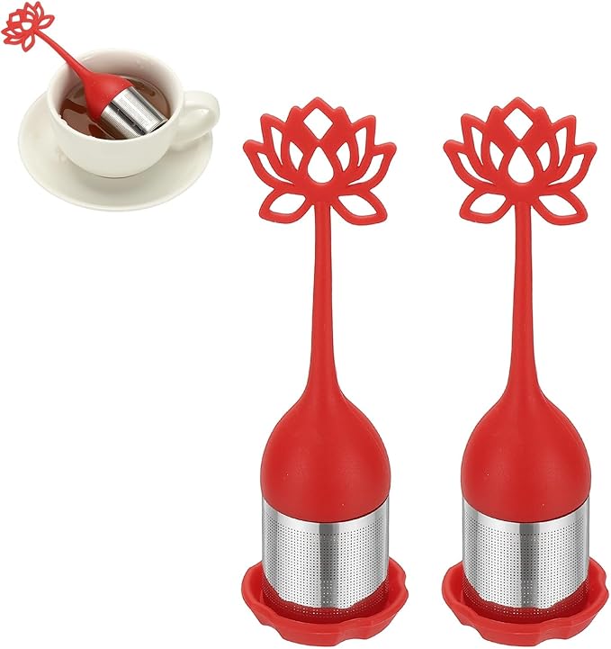 uxcell 2 Pcs Lotus Tea Infuser, Stainless Steel Loose Leaf Tea Steeper Filter with Silicone Handle Reusable Thin Pores Mesh Strainer Diffuser for Teacups Teapots Mugs, Red