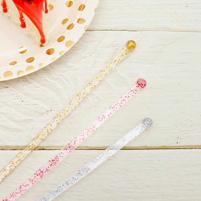 100-PCS Gold Silver Red Glitter Plastic Swizzle Sticks, Crystal Cake Pops, Cocktail Coffee Drink Stirrers, Stir Sticks for Christmas Party, 7.24 Inch