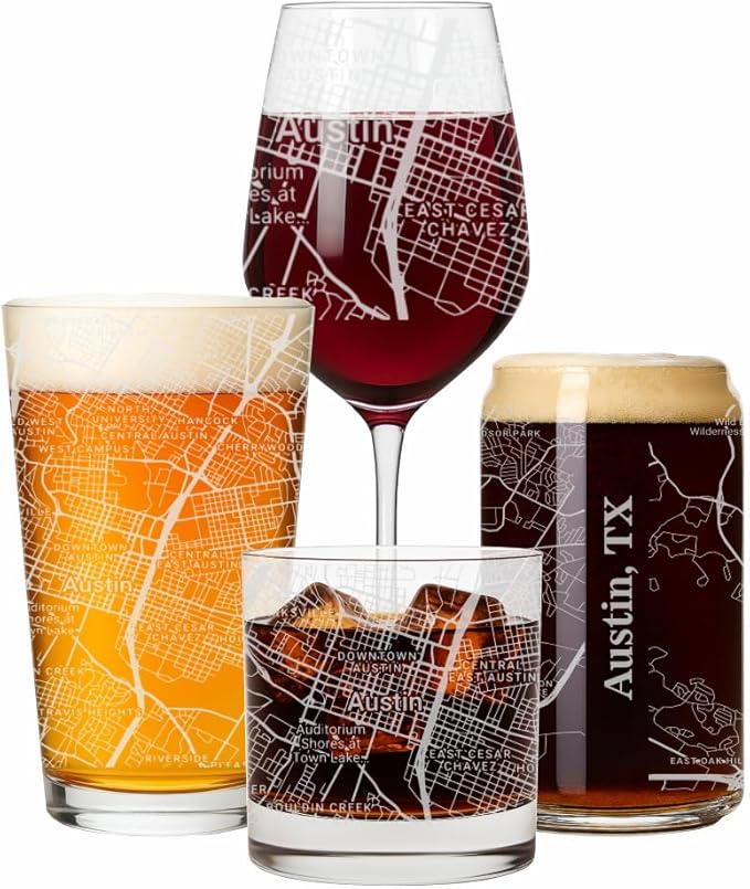 Blue Ridge Mountain Gifts - Austin Souvenir - Texas Glassware Gift, Etched City Map, Laser Engraved and Dishwasher Safe