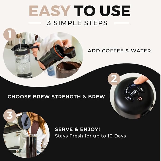 VINCI Express Cold Brew, Electric Cold Brew Coffee Maker in 10 minutes, Glass Carafe, 4 Brew Strength Settings & Cleaning Cycle, Easy to Use & Clean 1.4 Liters Push Button Control
