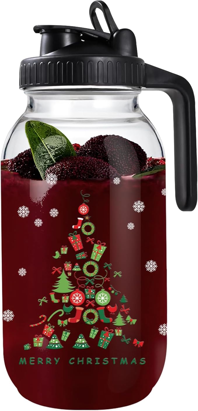 Mason Jar Pitcher, 63 OZ Glass Pitcher with Lid Double Leak-proof with Handle Water Jug Wide Mouth Breast Milk Pitcher Fridge Container for Water, Juice, Iced Coffee, Tea, Juice （Christmas tree）