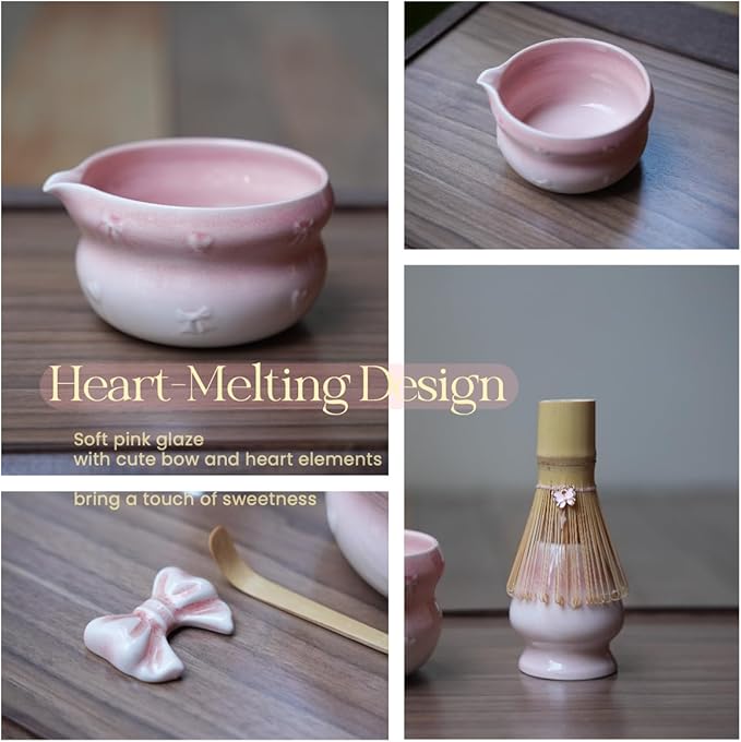 7pcs soft pink matcha whisk set with cute bow and heart motif - complete matcha kit set includes bamboo whisk, bowl, stand, scoop, sifter, towel -ideal gift for women and Japanese tea ceremony