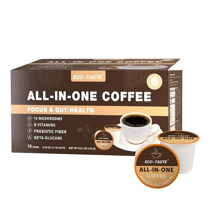 Mushroom Coffee K Cup – Focus & Gut-Health with 14-Mushrooms, Vitamins, L-Theanine and Alpha GPC, Single Serve Pods - No Crash or Jitters, 16 Count