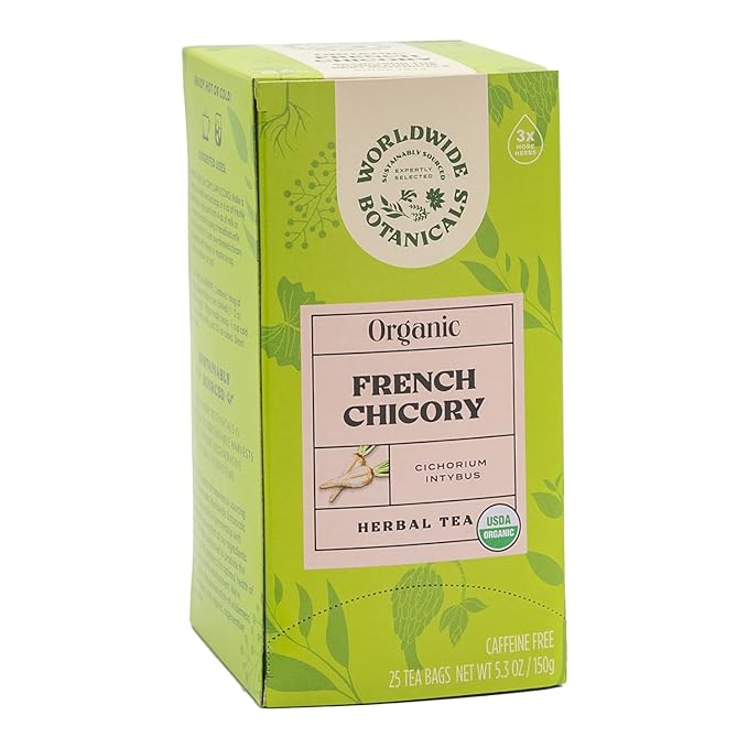 Worldwide Botanicals Organic French Chicory Root Tea, 25 Tea Bags - 3x herbs with 6g per teabag - Prebiotic, Roasted - Acid Free, Caffeine Free, Kosher